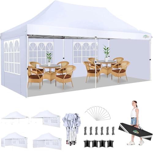 COBIZI 10x20 Pop Up Canopy with 4 Sidewalls, Conical Party Tent 10x20 with 3 Adjustable Height Waterproof, UV-Resistant with Carry Bag, Sandbag, Stake, Ropes for Parties, Commercial (Frame Upgraded) - color: White, size: 10x20FT with 4 sidewalls