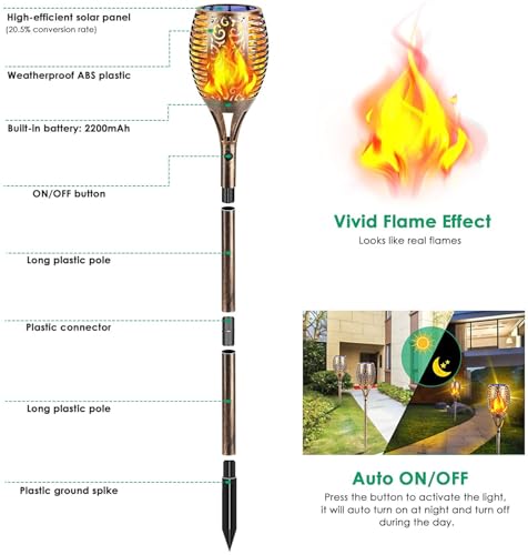 TomCare Solar Lights Outdoor 99 LED Higher & Larger Flickering Flame Solar Torch Lights 43" Decorative Waterproof Solar Powered Pathway Landscape Lighting for Garden Patio Yard, 4Pack (Bronze) - color: Bronze, size: Large - 4 Pack