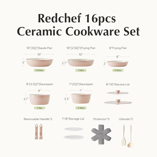 Redchef 16pcs Ceramic Pots and Pans Set Non Stick, Nonstick Kitchen Cookware Set with Detachable Handle, Non Toxic, PFAS PFOA & PTFE Free, RV Cookware Set for Camping, Dishwasher/Oven Safe (Pink) - size: 16 pcs Pink