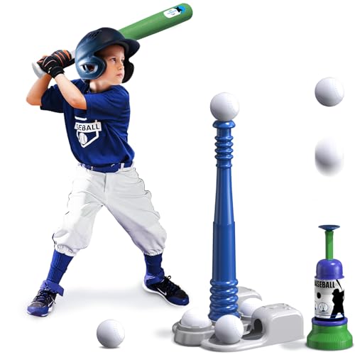 QDRAGON 2 in 1 T Ball Sets for Kids 3-5 5-8, Tee Ball Set with Automatic Pitching Machine/Adjustable Batting Bat & Stand/6 Balls, Baseball Toys Outdoor Sport for Toddlers Boys, Blue - color: Blue