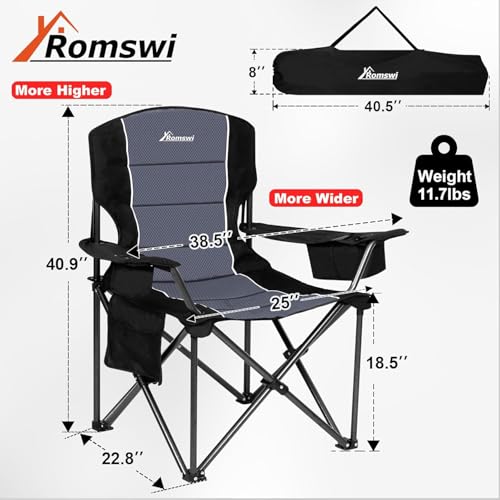 Romswi Oversized Camping Chairs,Heavy Duty Support 500 LBS,Padded Back & Arm Sport Chairs, Cup Holder Cooler Bag, Collapsible Folding Chairs for Outdoor, Fishing & Garden, Black,2-Pack - color: Black