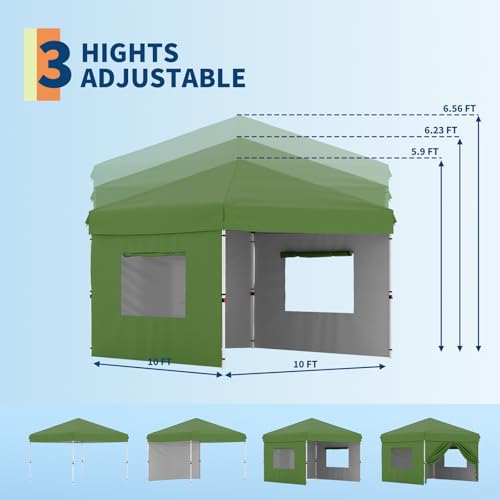 10x10 Pop Up Canopy with 3 Sidewalls - Easy Up Camping Tent with One Button Push Setup - 1 Roller Bag, 3 Adjustable Height, 4 Weight Bags for Deck, Garden, Sports, Beach, Party - Green - color: Green, size: 10x10