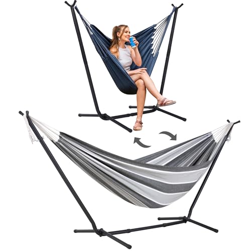 SUNCREAT 2-in-1 Convertible Backyard Fabric Hammock with Stand, Large Hammocks for Outside, Light Gray & Dark Gray - color: A-light Gray & Dark Gray