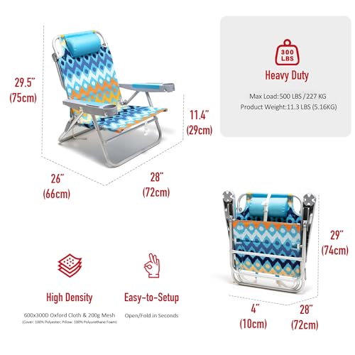 SUNNYFEEL Extra Wide Low Beach Chair 2 Pack 5 Position Lay Flat 500 LBS Heavy Duty, XL Oversized Folding Camping Chairs with Cup Holder for Outdoor/Sand, Portable Backpack Beach Chair for Adults - color: Blue Wave, size: 2-PACK