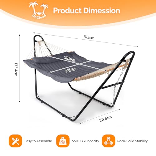 ONCLOUD Hammock with Stand, Double-Barrel Hammock with Hammock Bed, Heavy Duty Adjustable Hammock Set for Outdoors, Patio, Yard, Garden, 550 LBS (Gray) - color: Grey