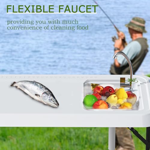 Folding Fish Cleaning Table with Sink, Portable Camping Sink Table with Measure Mark, Drainage Hose and Knife Groove, Outdoor Fish Fillet Cleaning Station for Picnic Fishing, White - color: Off White
