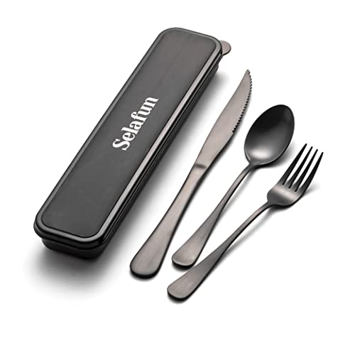 4-pieces Travel Set with Case Portable Silverware Utensils Set for work, Stainless Steel Reusable Flatware Set Cutlery Set for Camping Picnic Hiking Office (6.7inch, Matte Black) - color: Matte Black, size: 6.7 inch