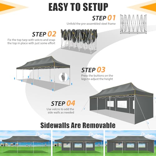 HOTEEL 10x30 Heavy Duty Pop Up Canopy Tent with 5 Sidewalls&Wheeled Bag, Commercial Event Party Tent Wedding Instant Canopy Waterproof, Upgraded Thicked Hexagonal Legs, UV 50+, Gray - color: Gray, size: 10x30FT (+5 Walls)