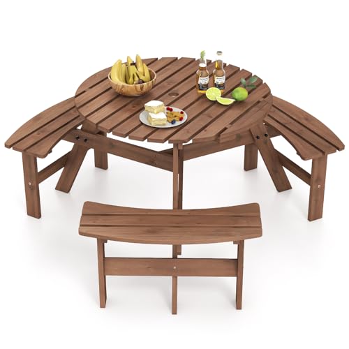 Giantex 6-Person Round Picnic Table Set with 3 Benches, 550 LBS Bench Capacity, 2" Umbrella Hole, Circular Outdoor Wood Dining Table & Chairs for Patio Yard Garden Porch Deck (68”x62”x28”,Brown) - color: Brown, size: 68”x62”x28”