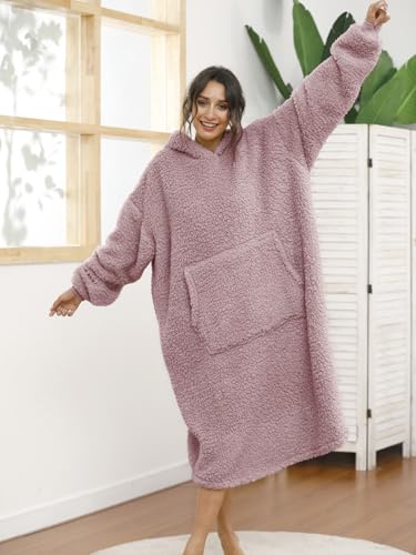 Sherpa Wearable Blanket Oversized Hoodie Sweatshirt TV Blanket with Long Sleeves and Pocket (DustyPink, One Size) - color: Dustypink