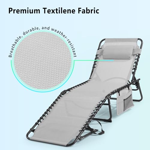 Unovivy Outdoor Chaise Lounge Chairs Set of 2, Portable Folding Pool Lounge Chair with 5-Position Reclining Back, Teslin Tanning Chair for Pool, Beach, Patio, Sunbathing - color: Grey