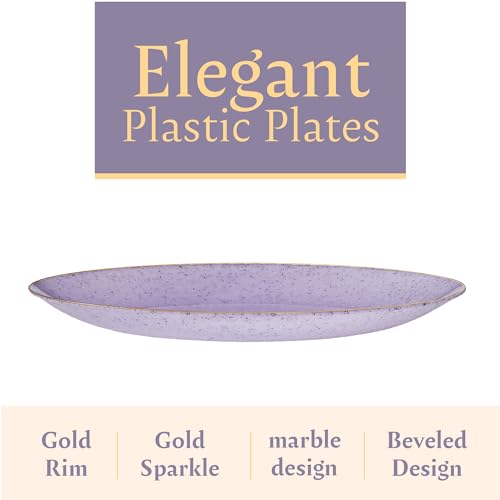 PLASTICPRO 32 Pack Elegant Disposable Plastic Plates Combo Set Includes 16 Dinner Plates and 16 Salad Plates Heavy Duty Fancy Party Plates Purple Granite Plates with Gold rim - color: Granite Collection Purple With Gold Rim
