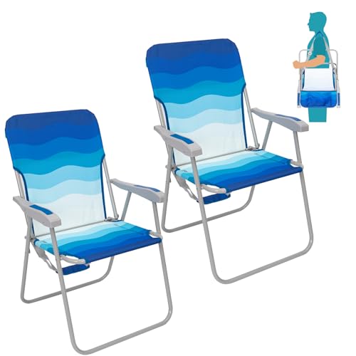#WEJOY Folding Beach Chair for Adults, Lightweight Beach Chair with Shoulder Straps, High Back Camping Chairs with Hard Armrest, Supports 300lbs for Outdoor Lawn Concert - color: #C 2 Pack Dark Blue White, style: Classic