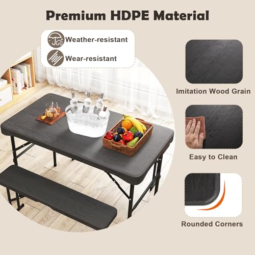 Giantex Folding Picnic Table Bench Set, Rectangular Patio Dining Table Set for 4, with HDPE Tabletop, Metal Frame, Space-Saving and Portable for Camping Party Dining BBQ (Black)