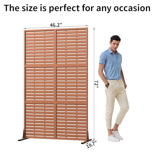 Metal Privacy Screen Outdoor with Stand, 6 ft Tall Decorative Privacy Fence Featuring Simple Assembly, Freestanding Fence Panels & Portable Divider Screens for Patio, Balcony, Garden, Backyard - color: Brown&louvered, size: 72"H x 46.2"D