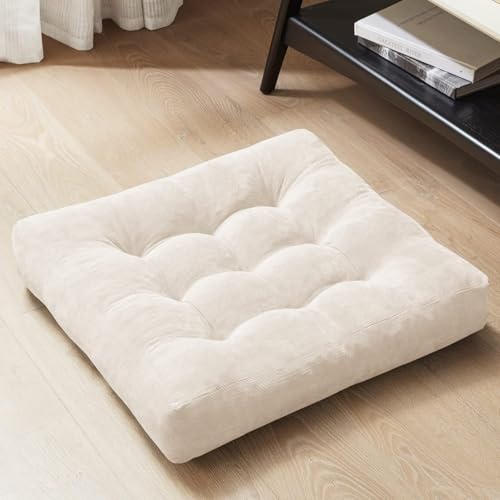 Degrees of Comfort Meditation Floor Pillow, Square Large Pillows Seating for Adults, Tufted Corduroy Cushion for Balcony Bedroom Tatami Living Room, Beige, 22x22 Inch - color: Square | Beige | 1 Pack, size: 1 Pack