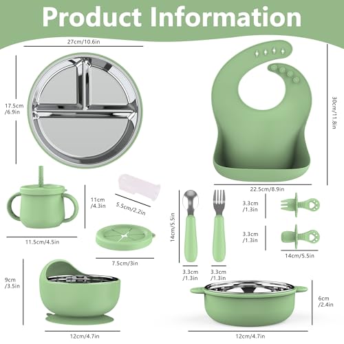 13 Pack Silicone Baby Feeding Set, BPA-Free Stainless Steel Toddler Feeding Supplies, Include Suction Plates, Baby Bowls, Silicone Fork & Spoon, and More, First Stage Baby Dish Set - 6+ Months - color: Green