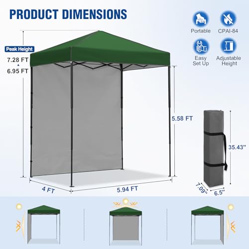 6x4 Pop Up Canopy Tent with One Wall Panel, Instant Portable Beach Canopy, Outdoor Tent with Carry Bag for Camping, Sports, Tailgating, Events, Green - color: Green, size: With One Wall