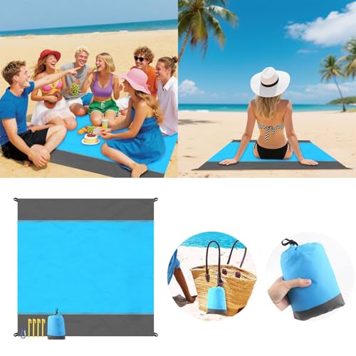 Beach Mat, 80"×84" Sandproof Waterproof Extra Large Quick Drying Beach Blanket with 4 Stakes & Storage Bag,Lightweight Durable Oversized Striped Beach Mat for Outdoor,Camping,Travel,Hiking,Beach