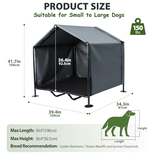 Dog Canopy with Raised Bed for Outdoor, 3.3' x 2.9' x 3.5' Large Dog House Shade Outdoor Indoor, Pet Shade with Removable Waterproof Shelter Cover, Portable Pet House for Camping, Patio, Yard - color: Grey, size: Large