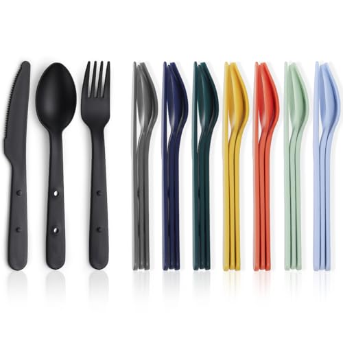 Kyraton Travel Utensils Set for 8, Reusable Plastic Spoons Forks Knives Snapped Together for Portable & Space-Saving Design Cutlery Silverware for Travel, Picnic, Camping, Work, Lunch Boxes