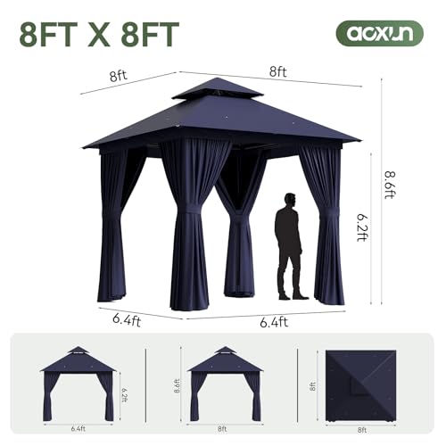 Aoxun Outdoor Gazebo for Patio 8x8 Metal Frame Canopy with Double Roofs Heavy Duty Party Tent and Shelter with Mosquito Netting and Privacy Screen for Backyard, Lawn, Garden, Deck (Navy Blue) - color: Navy Blue, size: 8 X 8