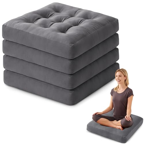 Meditation Floor Pillow Set of 4, Square Large Pillows Seating for Adults, Meditation Cushion Pillow,Tufted Corduroy Cushion for Tatami Living Room or Yoga, Dark Gray, 22x22 Inch - color: Dark Gray