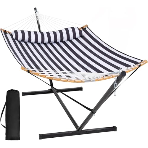 SUNCREAT Hammocks Extra Large Hammock with Stand Included, Double Hammock with Curved Spreader Bar, Black Stripes - color: Black Stripes