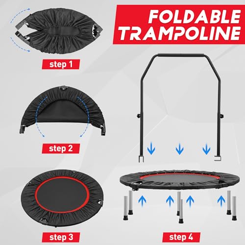 HYD-Parts 40" 48" Mini Trampoline for Adults and Kids Exercise Rebounder with Adjustable Bar Fitness Trampoline Indoor Max Load 330 440lbs - color: Red-40in