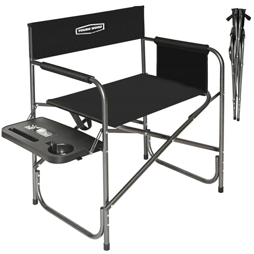 YOUNG WOOD Camping Directors Chair, Lightweight Oversized Portable Folding Chair with Side Table and Storage Pockets for Outdoor Camping, Lawn, Picnic and Fishing, Supports 400lbs (Black) - size: IP