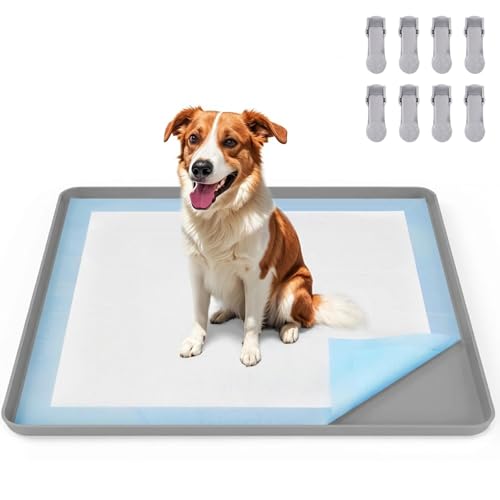 VavoPaw Pee Pad Holder for Dog, 22" × 34" Puppy Pad Holder with Clamps, Raised Edges Leak-Proof Dog Pee Pads Holders, Waterproof Silicone Potty Pads for Dogs, Easy to Clean Indoor, Light Gray - color: Light Gray, size: 22" × 34"