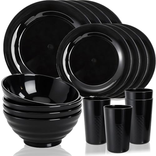 WRINGKIT 16 Pieces Plastic Dinnerware Set for 4, Unbreakable Plates and Bowls, Lightweight Black Plates Bowls with Cups, Reusable Dishes Set for Camping, Kitchen, Dorm, Dishwasher Microwave Safe