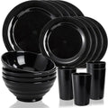 WRINGKIT 16 Pieces Plastic Dinnerware Set for 4, Unbreakable Plates and Bowls, Lightweight Black Plates Bowls with Cups, Reusable Dishes Set for Camping, Kitchen, Dorm, Dishwasher Microwave Safe