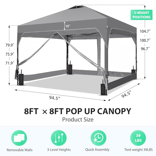 8x8 FT 1-Button Push Pop Up Canopy with 4 Clear PVC Sidewalls, Sandbags, Instant Canopy Tent for Outdoor Events - color: Gray, size: 8x8 with PVC Sidewalls