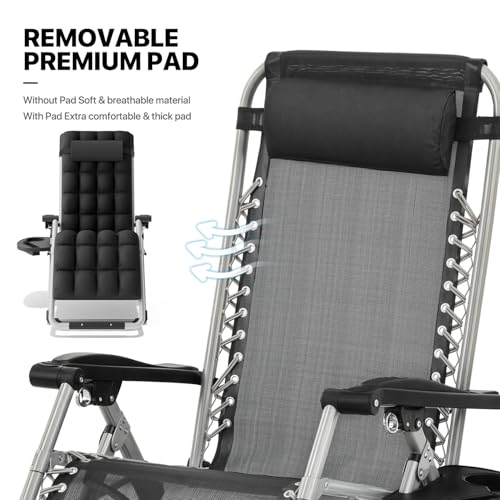 MoNiBloom Reinforced Zero Gravity Chair, Folding Pool Beach Lounger, Portable Tanning Chaise with Cushion, Headrest and Side Tray, 330lbs Capacity - Black - color: Black, size: Standard 1-Pack