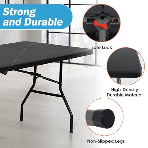 PayLessHere Folding Table Plastic Picnic Table for Parties Wedding Camping Office with Carrying Handle (Black, 8 FT) - color: Black, size: 8 FT