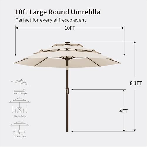 Kingdura 10ft 3-Tier Patio Umbrella, Outdoor Table Umbrella with Easy Crank & Tilt, 8 Reinforced Ribs, UV Protection for Deck, Pool, Market, Backyard (Beige) - color: Beige, size: 10 FT