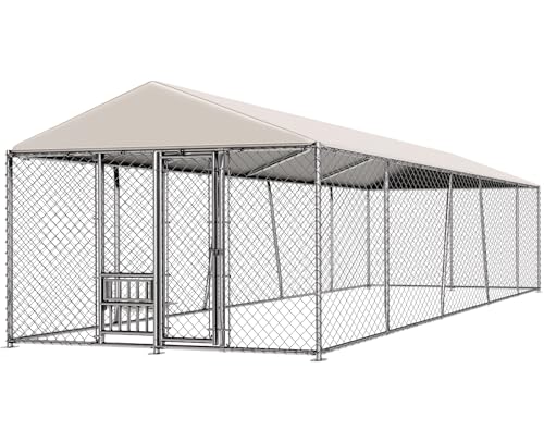 Lyromix 10 x 20FT Large Outdoor Dog Kennel with Bowls, Dog Kennel Outside with Waterproof Cover Roof, Galvanized Heavy Duty Chain Link Dog Runs Cage Playpen for Outside with Secure Lock
