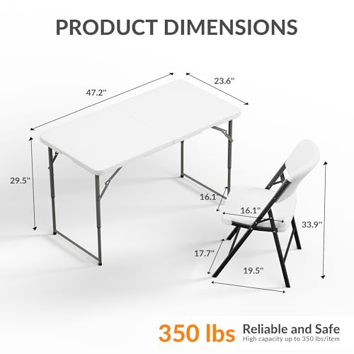 Elevon Folding Table Set with 4 White Folding Chairs,4 Feet Heavy Duty Fold-in-Half Utility Table Sets for Picnic, Event, Training, Outdoor Activities, at Home and Commercial Use - size: 4 feet, style: With 4 Chair