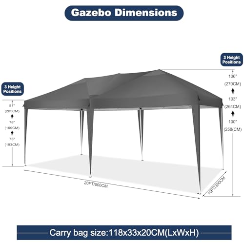 COBIZI 10x20 Pop Up Canopy Tent Party Tents for Parties Weddings Backyard Waterproof Outdoor Commercial Instant Canopy Event Tent with Stakes, Ropes,Sandbags, Gray - color: Gray, size: 10x20FT without sidewall