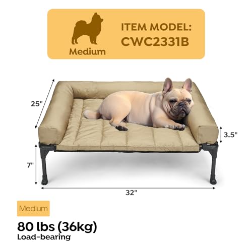 Veehoo Cooling Elevated Dog Bed Add Removable Waterproof Bolster Cushion Mat, Raised Pet Cot with Breathable Teslin Mesh, No-Slip Feet, Dog Couch Bed for Indoor Outdoor, 32x25inches, Beige, CWC2331B - color: Beige Coffee, size: 32.0"L x 25.0"W x 7.0"Th