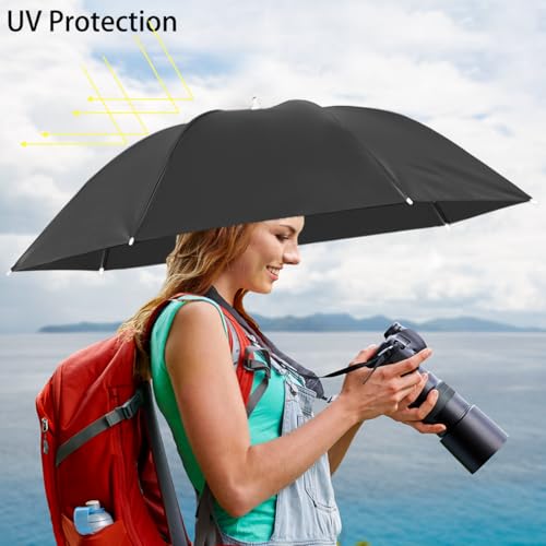 Umbrella Hat, 37 inch Fishing Umbrella Hat Hands Free Foldable UV Protection Umbrella Cap Adjustable Headwear for Fishing Golf Camping Beach Gardening Sunshade Outdoor - color: Black