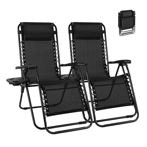 NEWBULIG Zero Gravity Chair Set of 2, Lounge Chair Folding Portable Adjustable Camping Reclining Chairs with Adjustable Pollow, Mesh Back, Cup Holder Trays Lawn Patio Chair for Pool Beach - Black - color: Modern Black, size: 2 Pack