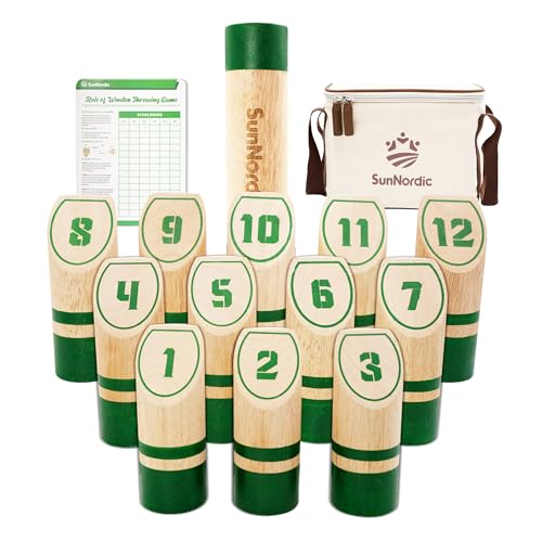SunNordic Wooden Throwing Game Set, Numbered Block Toss Games with 1 x Scoreboard,12 x Premium Rubber Wood Pins & 1 x Dowel, Outdoor Backyard Lawn Bowling Yard Game for Kids, Adults & Family - color: Green