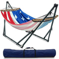Tranquillo Sturdy Steel Hammock with Stand Premium Cotton Canvas Hammock, 600 lbs Capacity Hammock Stand Folding, Portable 30-Second Fold Unfold, for Camping, American Flag - color: 2. American Flag