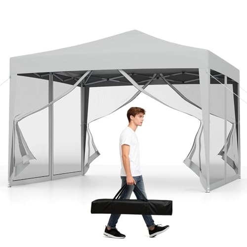 Tangkula 10x10 Ft Pop Up Canopy with Netting, Easy Up Outdoor Tent with Mesh Sidewalls, Carrying Bag, Adjustable Height, Portable Canopy Tent for Parties Events Camping Travel - color: Gray