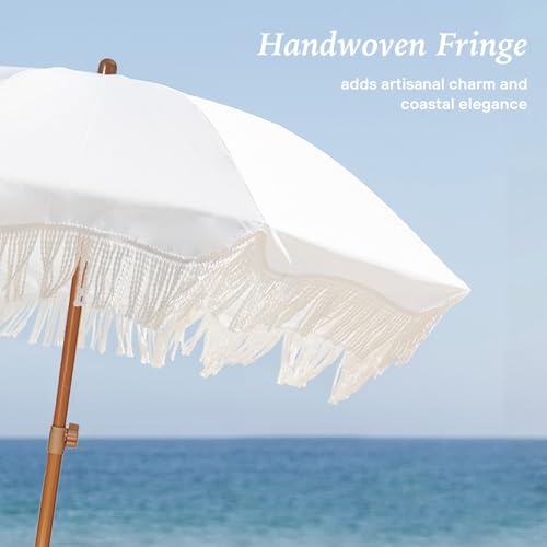 AMMSUN Boho Fringe Umbrella with Beach Blanket, 6.5ft UPF50+ Picnic Umbrella with Tassels with Steel Pole & Push Button Tilt, Antique White - color: Antique White with Colorful Blanket