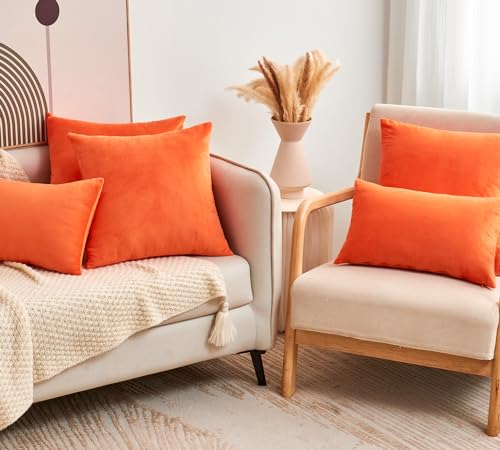 Fall Orange Throw Pillow Covers Decorative Velvet Set of 2 12x20 Inch Pillow Covers, Burnt Orange Lumbar Pillowcases for Couch Sofa Bed Living Room, Farmhouse Boho Decor, Accent Cushion Cover - color: Bright Orange, size: 20" x 12" (Pack of 2)