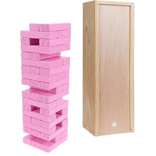 WE Games Wooden Block Stacking Party Game for Adults, Tumble Tower Wedding Guest Book Alternative, Tabletop Games, Includes Storage Case, 12 inches - color: Pink