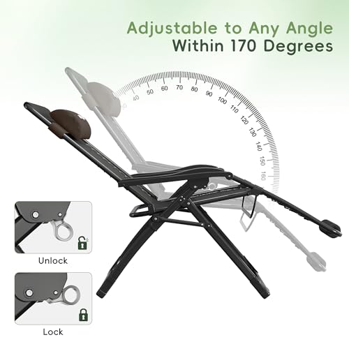 Amopatio Oversized Padded Zero Gravity Chair, XL 29In Reclining Camping Lounge Chair w/Removable Cushion&Headrest, Upgraded Lock and Footrest, Folding Patio Recliner for Indoor Outdoor, Charcoal - color: Charcoal XL, size: 29in